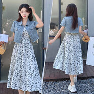 歐洲站短袖牛仔外套中長(cháng)款雪紡碎花吊帶連衣裙套裝女夏潮 牛仔衣+白碎花裙 M M80-100斤