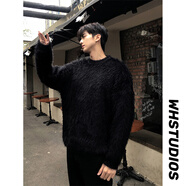 QGF馬海毛絨圓領(lǐng)毛衣女男冬季新款保暖寬松休閑慵懶情侶針織線(xiàn)衣外套 黑色 L 【建議110-130斤】