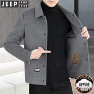 JEEP SPIRIT羊毛呢外套男士短款雙面尼大衣秋冬新款男裝加厚羽絨呢子夾克 802可拆卸羽絨內膽/灰色 L 適合115-130斤