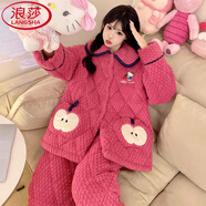 浪莎（LangSha）2025新款秋冬季天三層夾棉女士可愛(ài)睡衣加絨加厚珊瑚絨家居服套裝 96594女蘋(píng)果KT貓 加絨加厚蓄熱保暖 M 女(建議體重80-100斤)