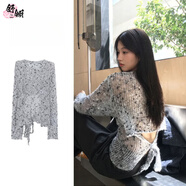 舒翎碎花鏤空露背系帶毛衣針織衫女裝春夏破洞設計感辣妹性感薄款外搭 灰色 XL 110-120斤