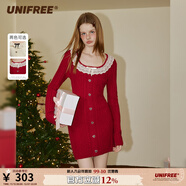 UNIFREE【秋裝新品】長(cháng)袖針織連衣裙娃娃領(lǐng)復古純欲收腰包臀裙子 紅色 M