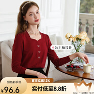 艾蓓怡（I BELIEVE YOU）杏色正肩方領(lǐng)愛(ài)心繡花長(cháng)袖T恤女2025春季新款修身顯瘦上衣打底衫 朱櫻紅 L