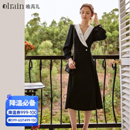 Olrain歐芮兒赫本風(fēng)連衣裙女秋冬收腰顯瘦法式復古拼色翻領(lǐng)長(cháng)裙 黑色 M 160/84A