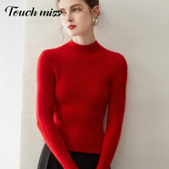 塔馳密司（touchmiss）無(wú)縫一體純山羊絨衫女半高領(lǐng)緊身顯瘦抽條針織打底衫毛衣 瑪瑙紅 2XL