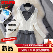 美安嘉新款秋冬韓版毛呢連衣裙女加絨蕾絲假兩件襯衣領(lǐng)中裙包臀裙潮 加絨 灰白色 S