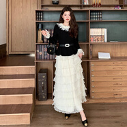 法式時(shí)尚洋氣少女黑色小禮服減齡氣質(zhì)立體花朵網(wǎng)紗連衣裙兩件套裝 黑拼杏 M