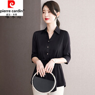 皮爾卡丹（pierre cardin）真絲襯衫女夏季新款寬松收腰顯瘦遮肚子襯衣高端桑蠶絲氣質(zhì)上衣 WYX89035黑色 4XL (155-170斤