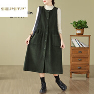 夏典素訂女王（SE.PSTP）復古燈芯絨背帶裙女2025春秋新款寬松大尺碼氣質(zhì)單排扣無(wú)袖背 墨綠色今年流行的輕奢品牌 2XL 145-160
