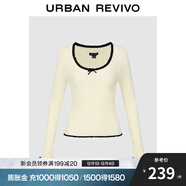 UR2025秋季新款女裝撞色木耳邊蝴蝶結長(cháng)袖針織衫UWM950134 米白 S