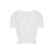 KRoche 25ss Aurora Core 薄透天絲 荷葉邊蕾絲拼接V領(lǐng)泡泡袖t襯衫 【現貨】白色 S