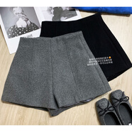 NYIG2026秋冬加厚大碼毛呢休閑短褲高腰收腹顯瘦闊腿褲外穿a字靴褲 灰色 S 建議體重80-95