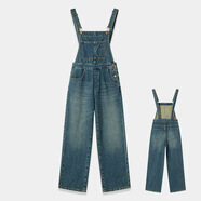 黃花瘦秋冬新款百搭歐美風(fēng)背帶褲女高腰減齡工裝直筒闊腿牛仔背帶褲爆款 藍色 27