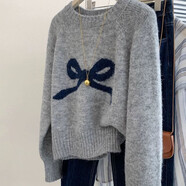 俞兆林（YUZHAOLIN）灰色蝴蝶結套頭毛衣女2025秋冬新款感內搭保暖針織衫套頭毛衣女 灰色 M 【建議90-100斤】
