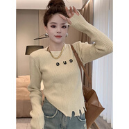 雪珺非高級感字母破邊針織衫女秋冬內搭打底衫加厚上衣今年流行短款毛衣 杏色毛衣女秋冬新毛衣秋冬女慵懶風(fēng)毛衣高級感超好看毛 S