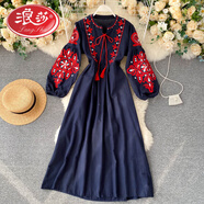 浪莎波西米亞民族風(fēng)刺繡花朵圓領(lǐng)燈籠袖褶皺寬松顯瘦百搭長(cháng)裙連衣裙女 藍色 均碼