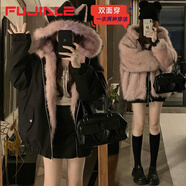 符佳樂(lè )韓系甜美連帽兩穿毛毛短外套女秋冬2025新款寬松加厚毛絨保暖棉服 黑粉【正反兩穿】 L