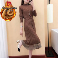 皮爾卡丹半高領(lǐng)毛衣女打底衫套頭中長(cháng)款過(guò)膝秋冬加絨加厚蕾絲裙針織連衣裙 棕色【加絨】 翹腿連衣裙 S