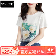 NY-RCE短袖t恤女夏季2025新款短款上衣百搭潮流印花減齡小白t恤 白色 水中花 XL 120-130斤