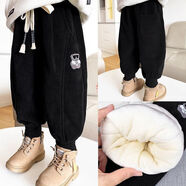 男童燈芯棉褲加絨加厚兒童童冬季褲子寶寶女童三層夾棉一條過(guò)冬潮 黑色熊仔繡花棉褲 90 CM 建議身高80-90左右