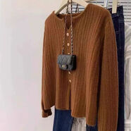 俞兆林燕麥色v領(lǐng)正肩打底毛衣女秋冬季新款小個(gè)子開(kāi)叉針織衫內搭打底衫 焦糖色 M