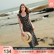 三彩2025夏季新款U領(lǐng)浪漫碎花雪紡裙印花大擺連衣裙長(zhǎng)裙M