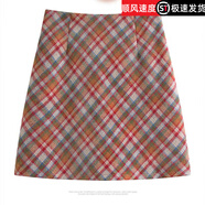 波之興短裙女2025秋冬新款設計感字格子裙復古氣質(zhì)高腰包臀毛呢半身裙 橙色 S