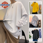 NEW OR MODE排扣長(cháng)袖T恤男港風(fēng)潮流牌開(kāi)叉打底衫青少年ins寬松上衣服圓領(lǐng)休閑 白色 L