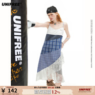 UNIFREE【25年夏款】純欲辣妹風(fēng)時(shí)髦撞色蕾絲拼接直筒吊帶連衣裙 藍色 S