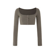 三色長(cháng)袖超短針織衫女春季新款修身套頭打底衫百搭u領(lǐng)上衣潮 灰色現貨 S S