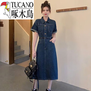 啄木鳥(niǎo)（TUCANO）天絲牛仔短袖連衣裙女裝中長(cháng)款款寬松休閑直筒裙2025夏季連衣裙子 天絲牛仔藍 2XL 建議125-140斤