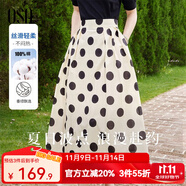 歐莎（OSA）高腰波點大擺裙中長款顯瘦薄款a字半身裙女夏季2025年新款 杏底黑點 XL