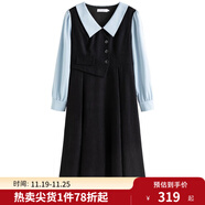 獨束大碼女裝假兩件撞色襯衫領(lǐng)連衣裙女秋冬微胖mm文藝復古穿搭裙子 墨染黑【適合160左右】 3XL