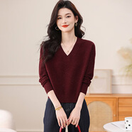 kangnaiV領(lǐng)打底衫上衣女士好看的早秋穿搭針織衫設計感亮片寬松毛衣短款 暗紅色 M 【100斤-110斤】