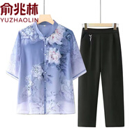俞兆林中老年媽媽夏裝兩件套裝中袖雪紡襯衫老人襯衣印花中年母親節禮物 藍色上衣+黑色褲子 3XL 110-125斤