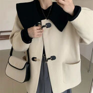 JPUZ歐洲站撞色娃娃領(lǐng)小個(gè)子毛呢外套女設計感皮扣子寬松仿羊絨大衣 米白色 S 90-110斤
