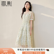 香影小清新碎花雪紡連衣裙女2025夏裝新款氣質(zhì)泡泡袖綠色印花裙子 淺綠 L 165/88A/110-125斤