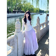 園翌巨好看的早秋一整套獨特絕美漂亮溫柔系一字肩針織紫色半身裙套裝 上衣+半身裙兩件套裝 S