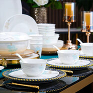 思佰得骨瓷碗具套裝家用陶瓷碗碟套裝高溫釉中彩餐具套裝喬遷搬家禮物 安然若素56頭標準版