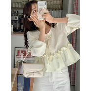 韓國chic春季甜美氣質(zhì)圓領(lǐng)蝴蝶結印花寬松拼接花邊系帶長(cháng)袖襯衫女 杏色 均碼 均碼