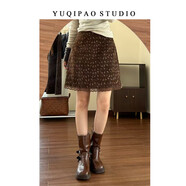 大碼胖mm覆古碎花高腰半身裙女秋冬新款遮胯顯瘦a字裙蕾絲短裙子 咖色 S