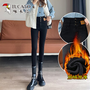 啄木鳥(niǎo)淺色加絨小腳牛仔褲女三排扣超高腰收胯提臀緊身2025冬加厚鉛筆褲 黑色 加絨 加厚 L 適合體重115-125斤