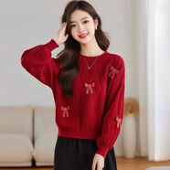 斯爾麗洋氣圓領(lǐng)紅色毛衣女長(cháng)袖2025秋冬新款甜美減齡針織衫毛衣打底衫酷 甜美蝴蝶結【紅色】 S 推薦【90斤以下】