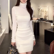 彈簧人（TANHUANGREN）秋冬季新款高領(lǐng)修身顯瘦包身裙拼接白色內搭針織連衣裙 白色 均碼