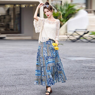 夏典素訂女王（SE.PSTP）波西米亞度假連衣裙夏季減齡鏤空針織衫民族風(fēng)印花大擺長(cháng)裙兩件套 米白+藍 兩件套 M (建議95-105斤)