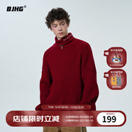 BJHG不計后果秋冬基礎款條紋高領(lǐng)毛衣男潮美式情侶寬松中性風(fēng)針織衫女 酒紅色 XL