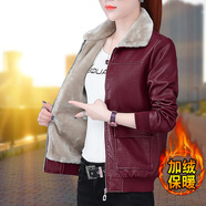 NY-EMMA皮衣女短外套女秋冬女裝毛領(lǐng)女士皮毛一體夾克冬裝上衣潮 883酒紅(加絨款) XL(建議110-125斤)