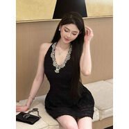純欲鑲鉆掛脖v領(lǐng)吊帶連衣裙女夏性感氣質(zhì)露背短款上衣半身裙套裝 黑色套裝 S S