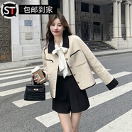 語(yǔ)森憶璞宿女裝小香風(fēng)短款炸街灰色外套女秋冬季復古設計感小眾氣質(zhì)長(cháng)袖 米白色 S  80-100斤