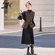 DK品牌女裝韓系穿搭PU皮馬甲連衣裙套裝女秋新款收腰長(cháng)裙兩件套 咖色 M
